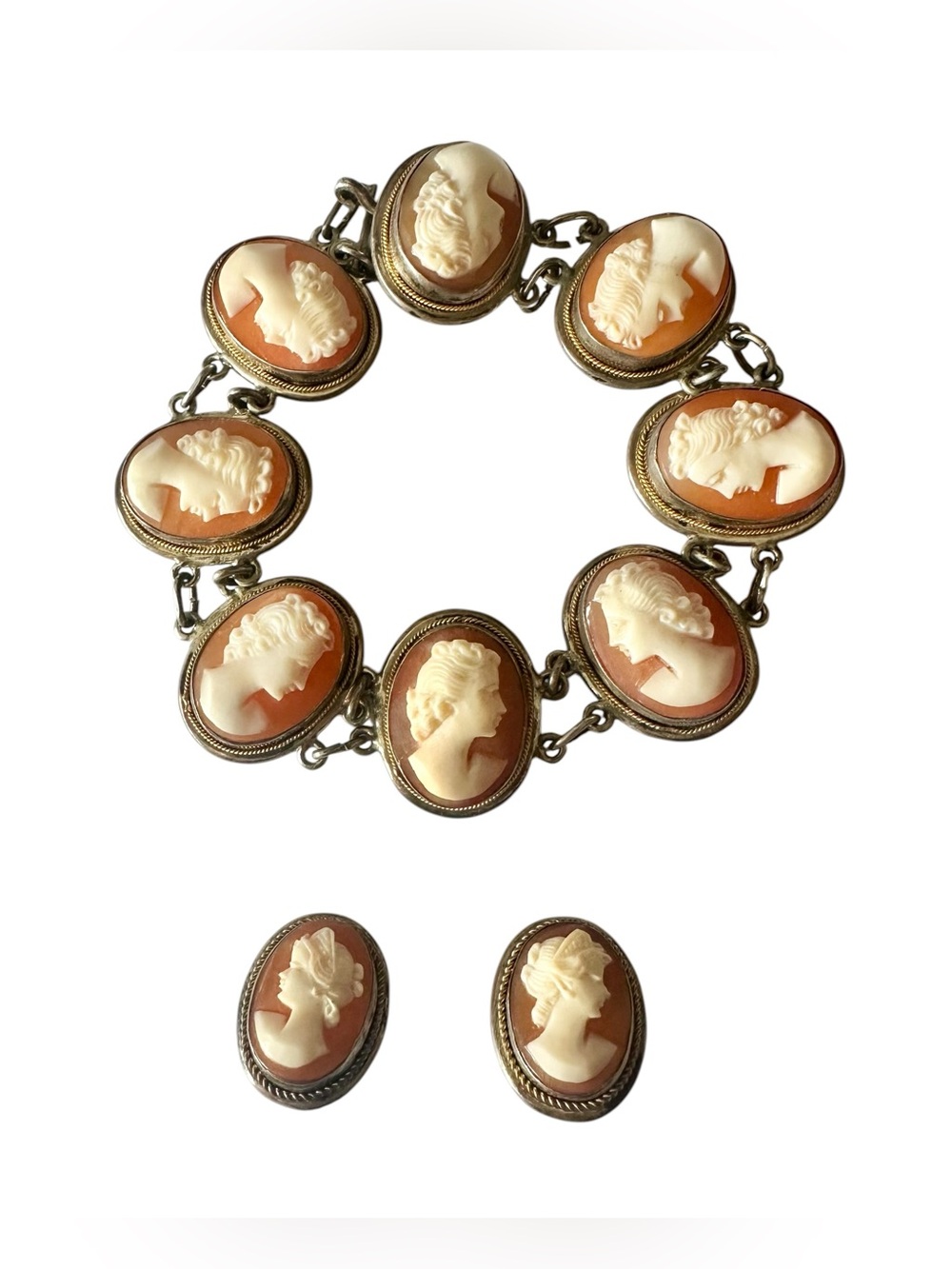 Vintage 800 Silver Framed Hand Carved Shell Cameo Bracelet and Earrings